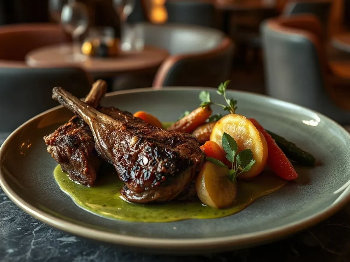 Slow-cooked beef with bright herb sauce and seasonal vegetables on a refined ceramic plate.