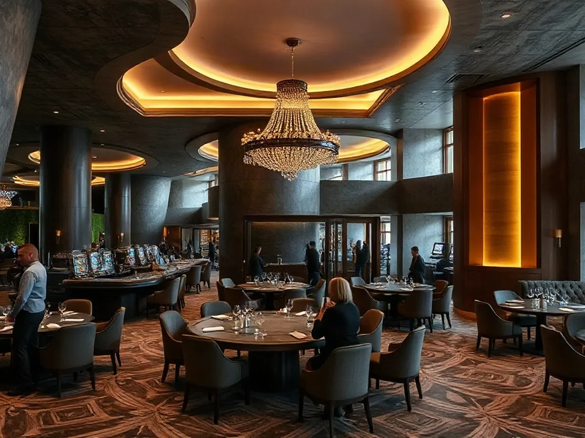 Gaming tables and seating sit beneath warm pools of light against deep ink-toned walls.