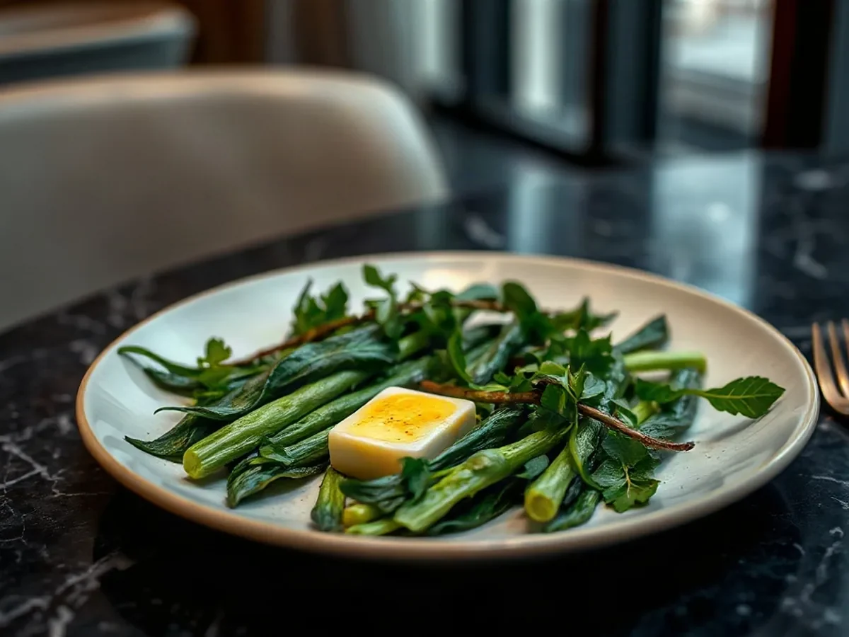 Crisp garden vegetables with fresh herbs and browned butter on a ceramic plate in amber light.