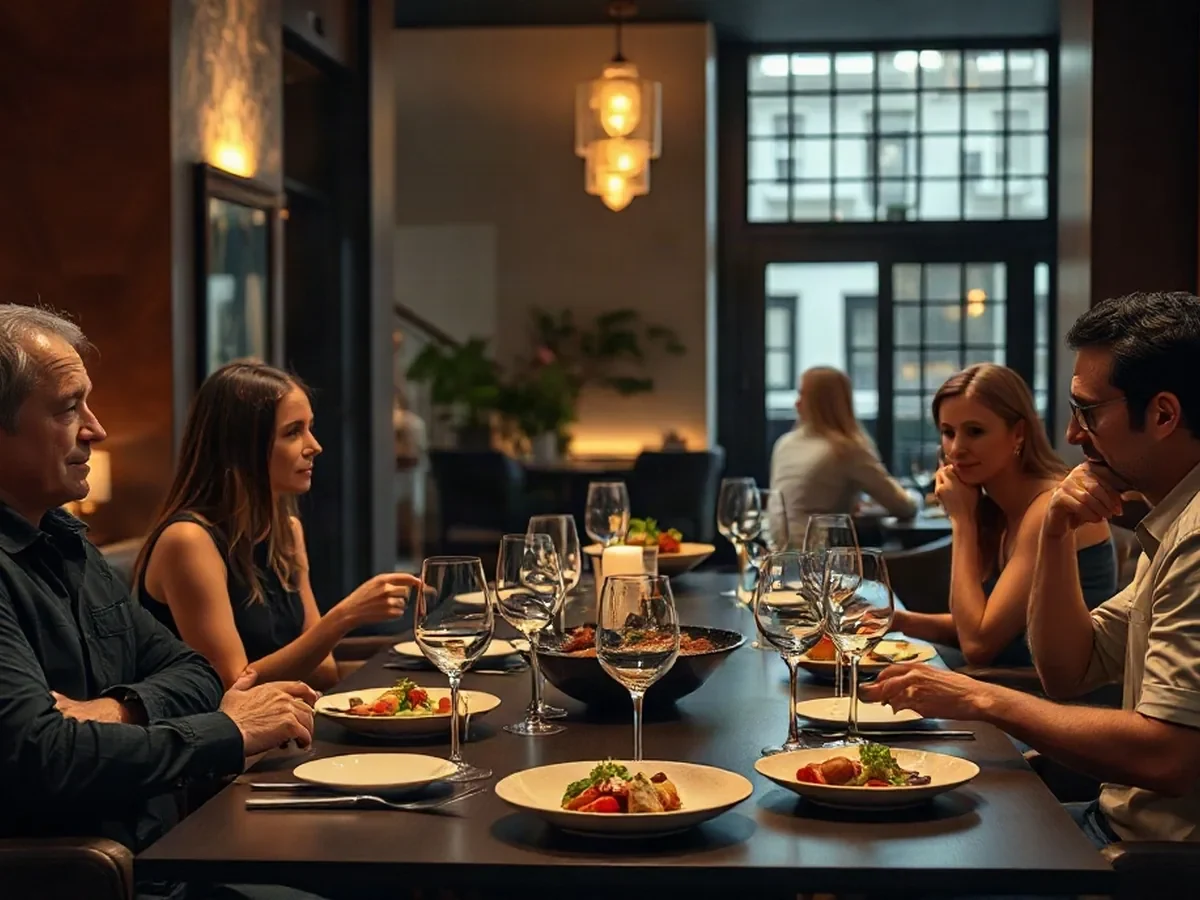Adults share a meal at a smoked-oak table beneath soft amber light and ink-toned walls.