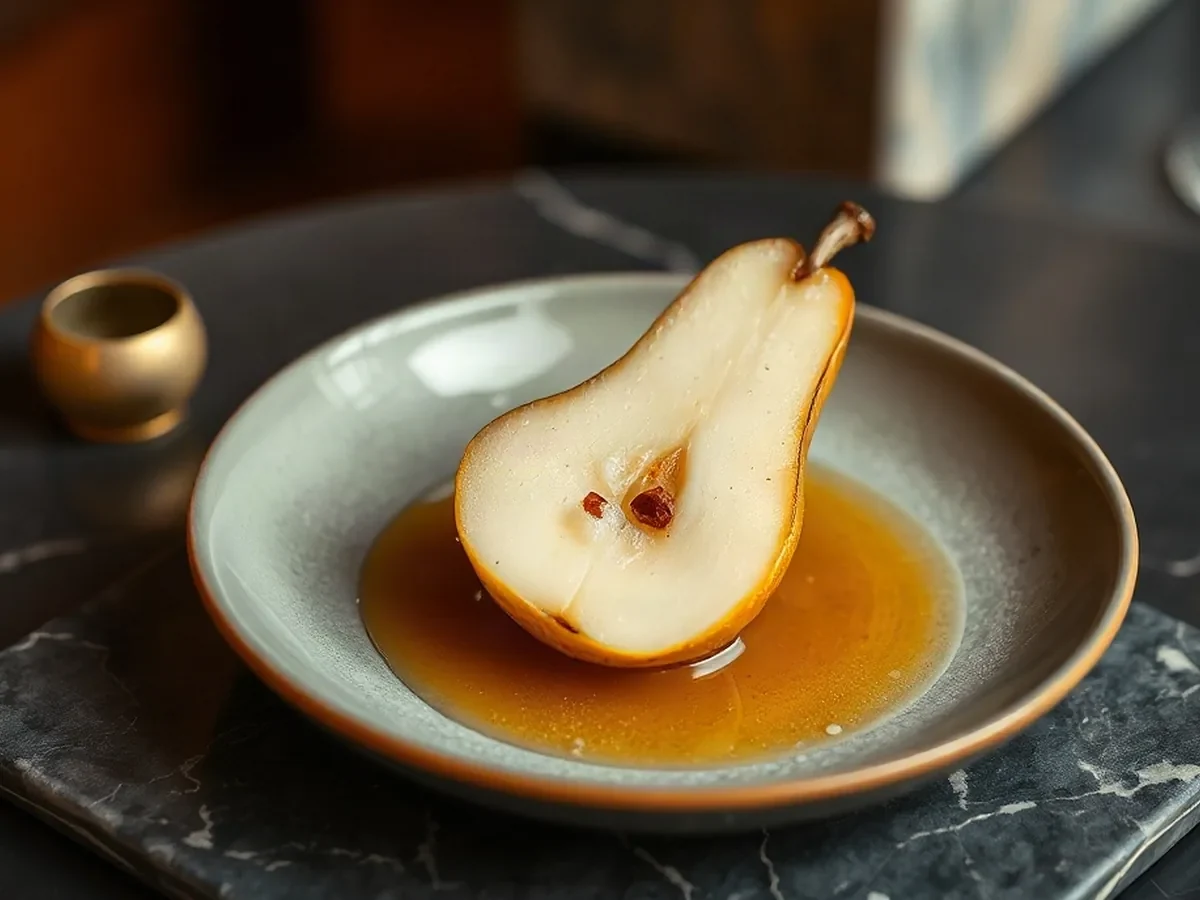 Roasted pear with honey cream and a delicate spice dusting in soft amber light.